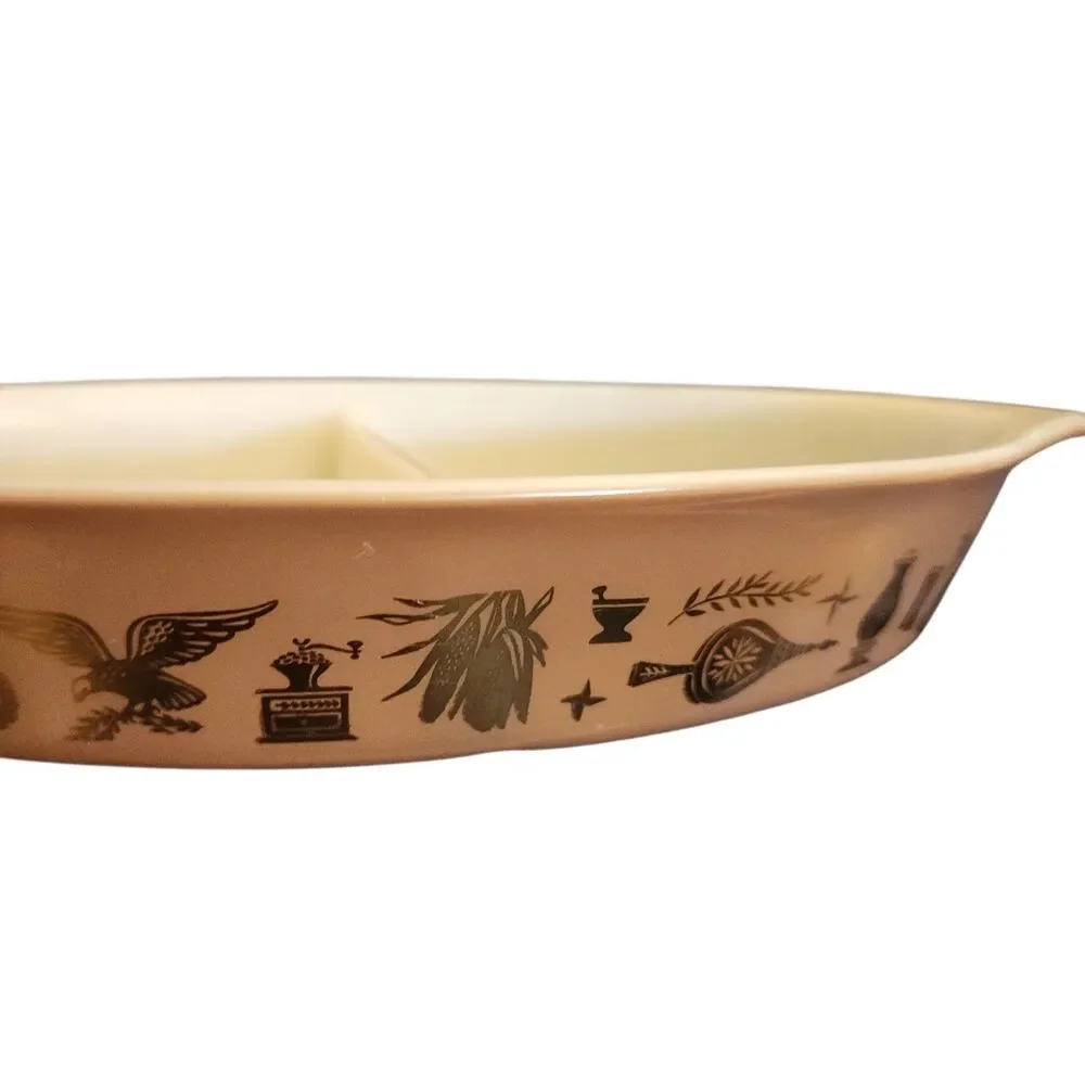 Pyrex Early American Divided Dish 1 1/2qt. Brown w/ Gold Accents White Interior